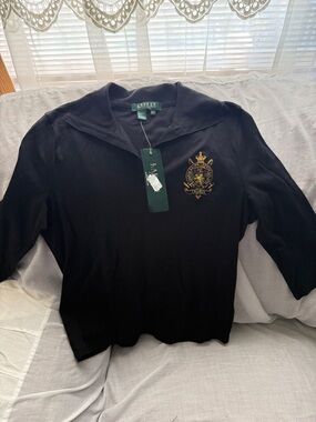 Lauren Ralph Lauren Black Polo with Gold Crest Embroidery women petite M